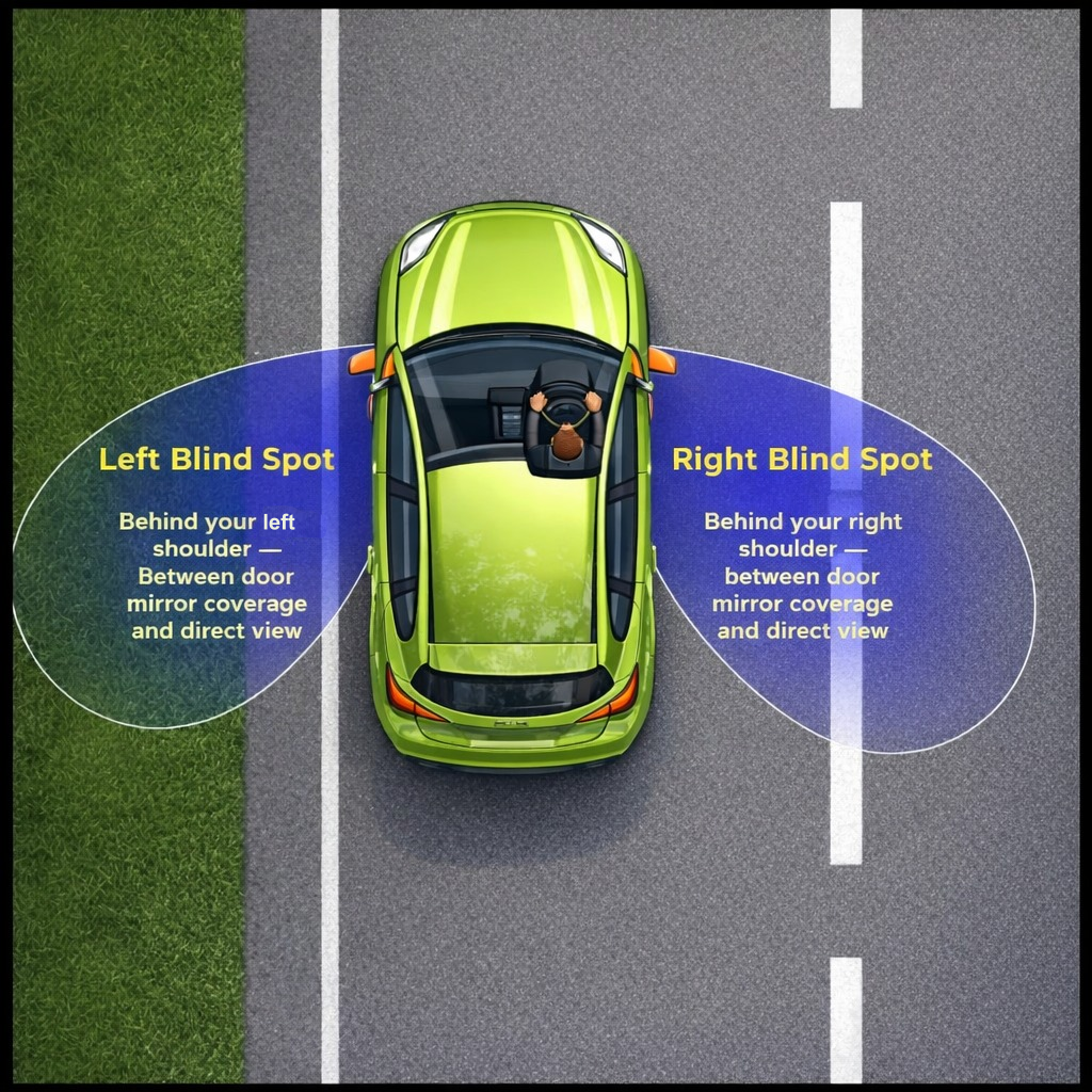 Diagram showing left and right blind spots either side of a car, viewed from above